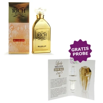 Blue Up Rich Gold Women 100 Ml + Perfume Sample Spray Paco Rabanne Lady Million Eau My Gold 3 Blue Up Rich Gold Women 100 Ml + Perfume Sample Spray Paco Rabanne Lady Million Eau My Gold