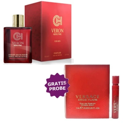 Chatler Veron Hero Fire 100 Ml + Perfume Sample Spray Versace Eros Flame 3 Chatler Veron Hero Fire 100 Ml + Perfume Sample Spray Versace Eros Flame