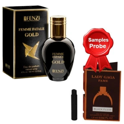 JFenzi Femme Fatale Gold 100 Ml + Perfume Sample Spray Lady Gaga Fame 3 JFenzi Femme Fatale Gold 100 Ml + Perfume Sample Spray Lady Gaga Fame